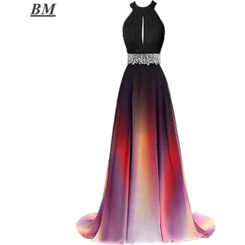 BM Ombre Prom Dresses 2020 Halter Chiffon Beading Long Gradient Formal Evening Dress Party Gown Vestidos De Gala BM348