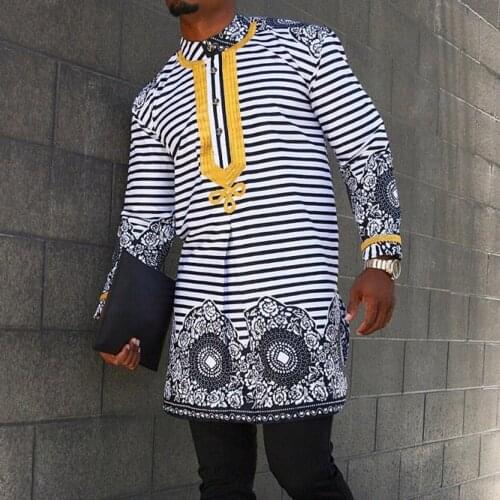 Striped Printed Casual T-shirt Mens Fashion Long Sleeve Top Mid-length Dashiki African Ethnic Mens Clothes Muslim Plus Size