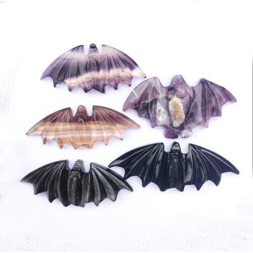 Natural Fluorite Bat Hand Carved Quartz Crystal Bat Crafts Reiki Healing Crystal Stone Figurine Halloween Gift Home Decoration