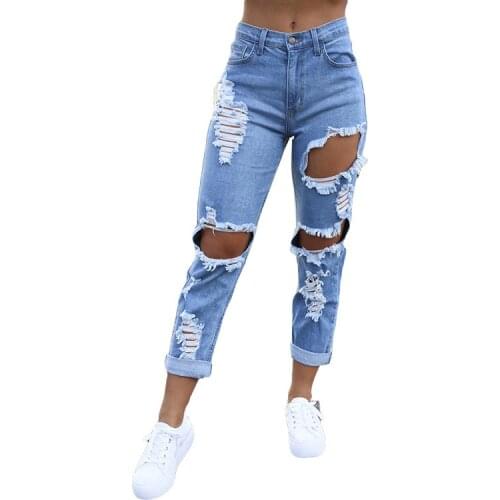 Plus Size Clothing S-XXXL Womens Ripped Blue Jeans Mid Waist Skinny Denim Jeans Casual Pencil Pants High Quality Sexy Jeans