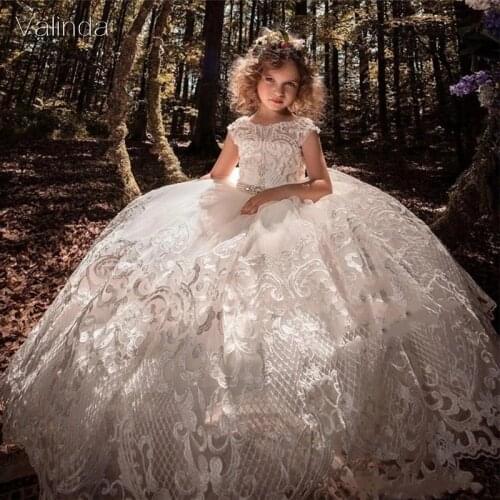 Cap Sleeved Lace Flower Girl Dresses Pearled Pageant Party Dress for Wedding Birthday