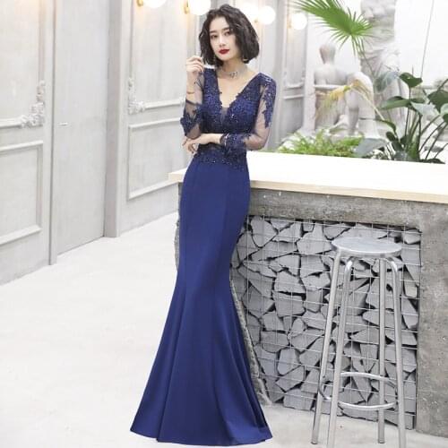 Pretty V Neck Long Elegant Mermaid Evening Dresses Lace Appliques Beading Formal Dress Crystal Prom Gowns Sexy Hollow Vestido