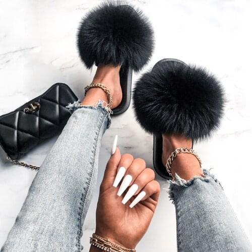 2019 Hottest Real Fox Fur Slippers Slides Lady Top Trendy Flip Flops Summer Fluffy Fur Sandals Flat Shoes