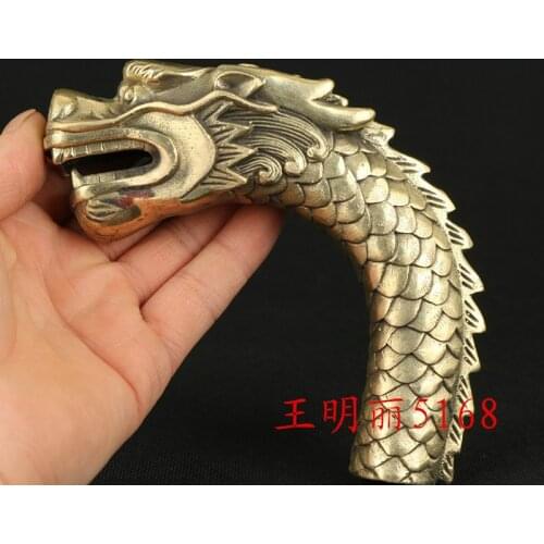 100% BRASS Pure Copper Faucet Grandpa Good Lucky chinese Dragon Hand Carved Loong Statue Cane Walking Stick Head