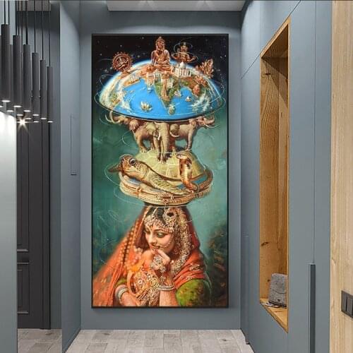 Surrealism Earth Turtle Abstract Indian Princess Canvas Painting Elephant Buddhism Poster Prints wall picture for Aisle Decorati