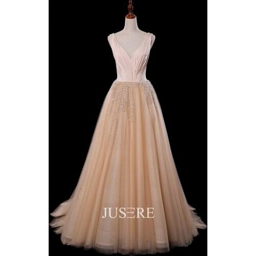 A-Line Evening Dress Beading Lace V-neck Prom Dress with Sweep Train in Stock Champagne party dress