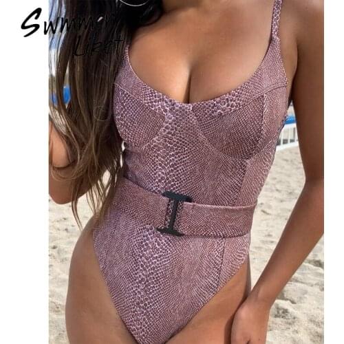 Vintage snake print swimsuit one piece 2020 Belt bodysuits monokini Push up bathing suit Retro swimwear women Summer bathers new
