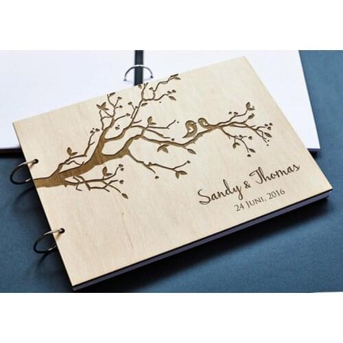 Engraved Lovely Birds on the Tree Wedding Guest Book Album Wooden Guestbook for Wedding Guest Signature Rustic Wedding Decor