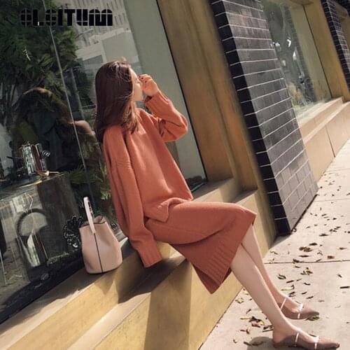 New 2020 Autumn and Winter Fashion Korean O-neck Long Knitted Two-piece Women Set Pullover Sweater+Knitted Skirt