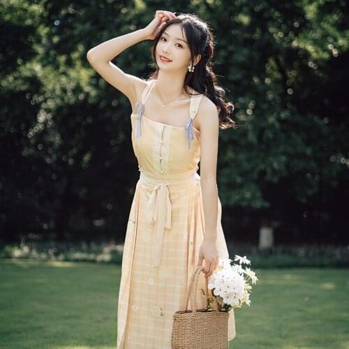 2020 New Improved Version Hanfu Style Dress Summer Strap Yellow Tops Skirt Sets Chinese Women Daily Elegant Ethnic Dress DWY4397