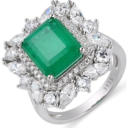 Luxury 925 Sterling Silver 8*10mm Synthesis Emerald Paraiba Tourmaline Party Rings for Women Jewelry S925 Gemstone Wedding Ring