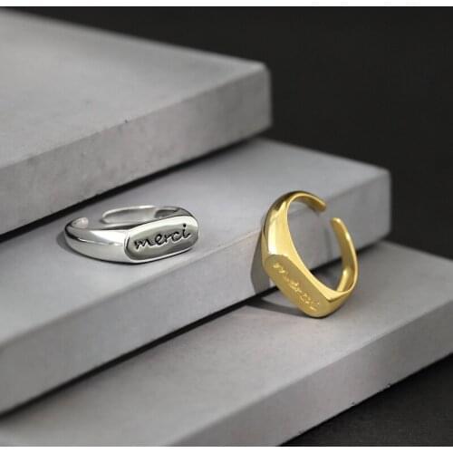 Real 925 sterling silver letters engagement rings for women adjustable ring, vintage gold color womens ring finger jewelry