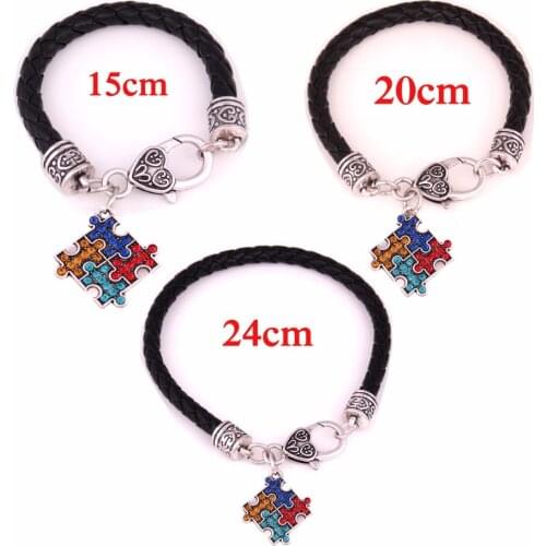 15cm20cm24cm(pick your size) Leather chain Hope Multi-Colored Crystal Autism Awareness puzzle Piece Charm Lobster Claw Bracelet