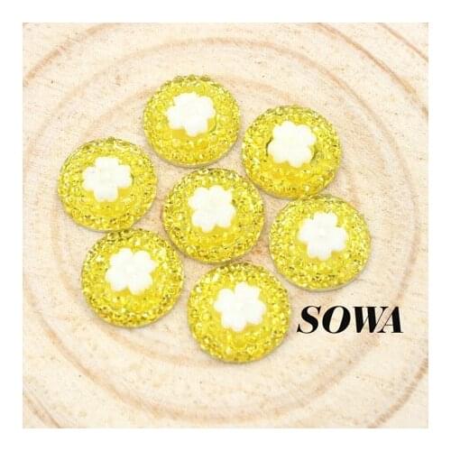Free Shipping Yellow Color 12mm 72pcs Round Shape Flower Resin Beads Flatback For DIY Decoration
