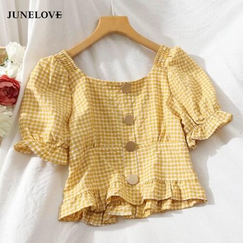 JuneLove Blouse Women Pleat Design Lovely Puff Sleeve Vintage Ladies Clothing Crop Top Ulzzang Stretch Slim Elegant Femme Shirts