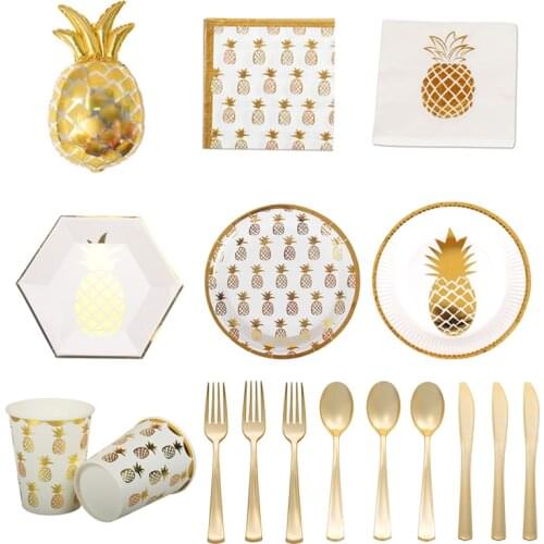 Gold Pineapple Paper Plates Cups Napkin Disposable Tableware Set Wedding Baby Children Birthday Home Party Decoration Supplies