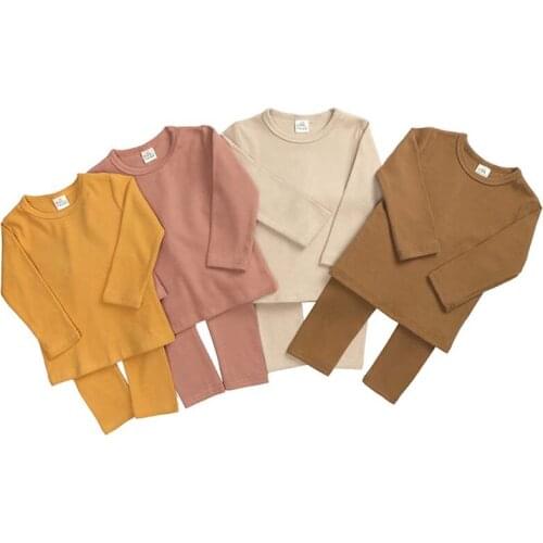 Kids Boy Girl Pajamas Set Autumn Cotton Casual Solid Long Sleeve Tops+Pants Nightwear Baby Sleepwear Baby Boy Girl Clothes