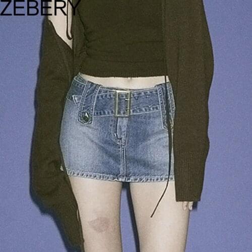 ZEBERY Grunge Punk Y2K Belted Denim Micro Skirts E-girl Streetwear Low Waist Blue Mini Skirt 90s Aesthetics Bottoms Women Chic