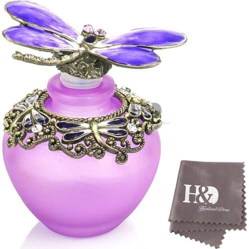 H&D 40ml Fancy Purple Gragonfly Empty Refillable Glass Perfume Bottle,Retro Frosted Butterfly Lid Perfume Bottle Birthday Gifts