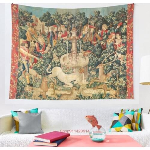 UNICORN IS FOUND Fountain Other Animals Green Floral tapestry Wall Hanging Tapestries for Living Room Beach Towel Blanket