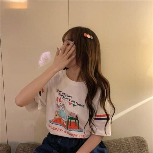 Womens T-shirts Tops Japanese Kawaii Ladies Ulzzang Retro Cartoon Letter Print Tshirt Female Korean Harajuku Clothes For Women