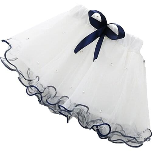 Summer Tulle Mesh Skirts Kids Girls Ruffle Scallop Edge Ballet Tutu Dress Skirt Pearls Beads Princess Pleated Skirt Girl Clothes