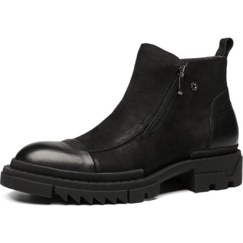 Fashion Black Round Toe Platform Shoes Mens Chelsea Boots Genuine Leather Outdoor Casual Shoes Male Ankle Boots