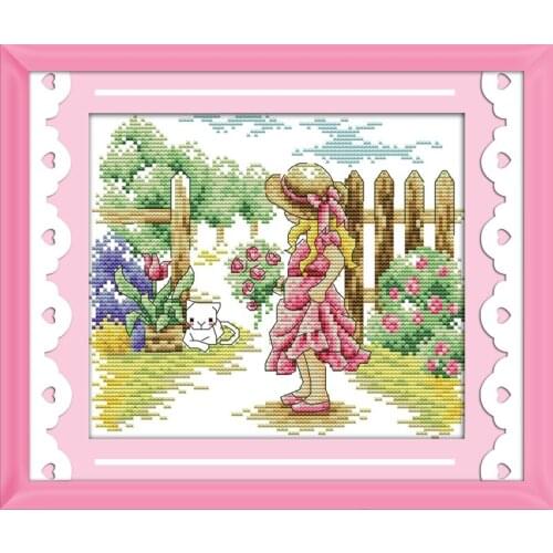 The girl seeing a cat cross stitch kit flowers garden 14ct 11ct print canvas x stitching embroidery DIY handmade needlework plus