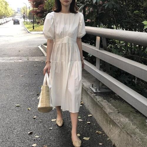 2020 New Women O-Neck Pure Color Boho White Midi Puff Sleeve Ladies Summer Cotton Dress Bohemian Vestidos
