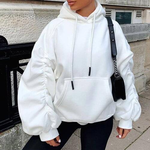 Autumn Winter Harajuku Ruched Cotton Long Sleeve Loose Drawstring Warm Hoodies Streetwear Women Casual Loose Hooded Sweatshirt