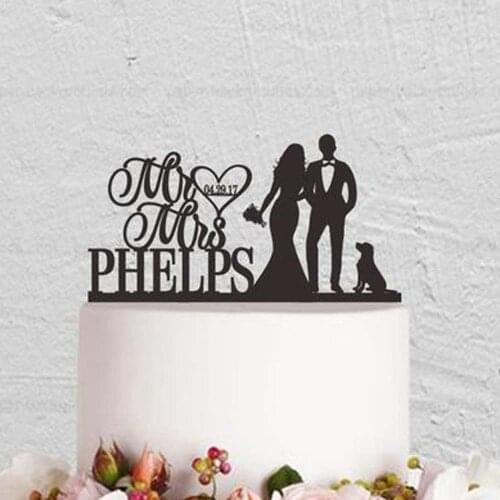 Personalized Wedding Cake Topper,With Mr And Mrs,Bride And Groom Cake Topper,Couple Cake Topper with Dog ,Custom name and date