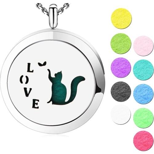 Silver Jewelry Love Cute Cat Aromatherapy Essential Oil surgical Stainless Steel Perfume Diffuser Locket Necklace