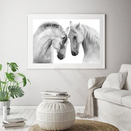 Modern Animals Photography Canvas Painting Wall Poster Two White Wild Horses Head To Head for Home Rooms Wall Decoration
