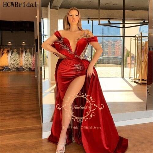2021 Burgundy Mermaid Long Evening Dress Sheer High Slit Chic Crystals Special Occasion Pageant Party Gowns For Evening