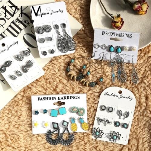 17KM Vintage Ethnic Fearther Pearl Earrings Set For Women 2020 Fashion Acrylic Beads Metal Wood Dangle Earring New Jewelry