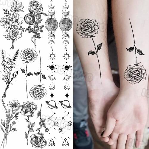 Black Rose Flower Temporary Tattoos For Women Girls Realistic Cosmic Moon Thorns Fake Tattoo Sticker Forearm Tatoos Legs Wedding