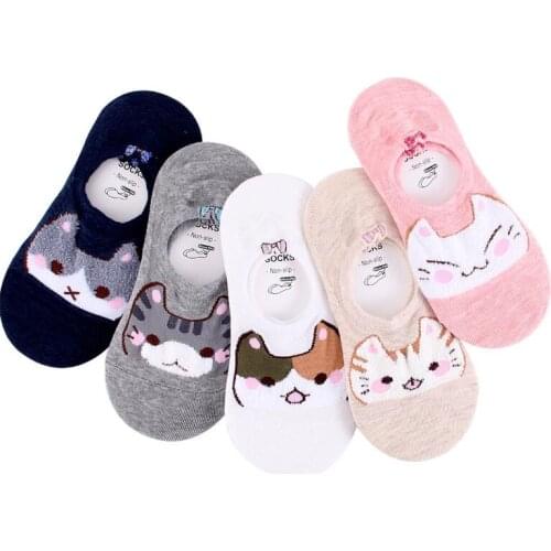 Yishine 5 Pairs/Set Women Invisible Socks Spring Autumn Cats Printed Ankle Boat Socks Female Cotton Slipper No show Sock