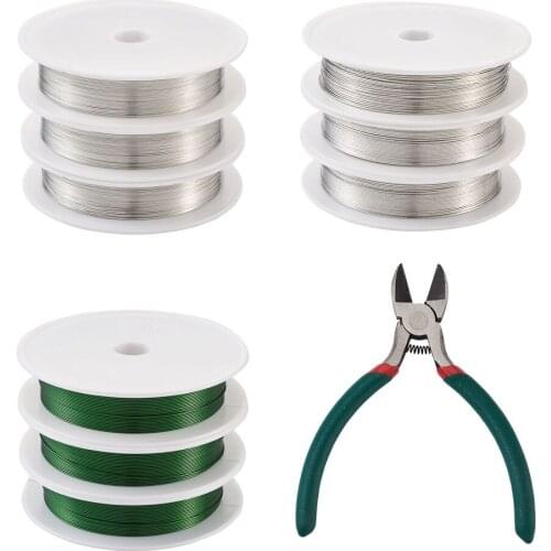 9 Rolls Flexible Paddle Iron Wire 0.3-0.5mm Silver Green Color with Wire Cutter Tool for DIY Jewelry Crafts Making Supplies