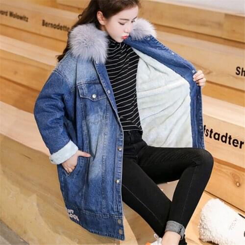 Long Section Plus Velvet Thick Denim Jacket Coat Female 2019 Winter New Fur Collar Long Sleeve Loose Denim Cotton Jacket Tide