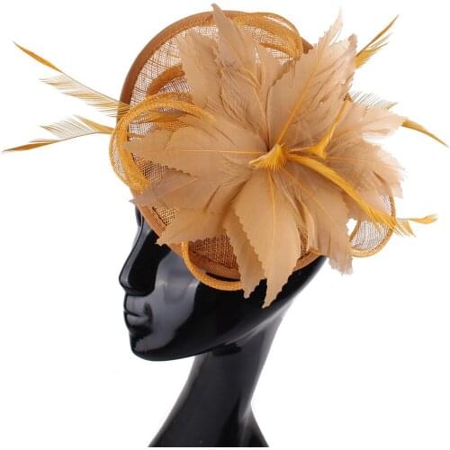 Sinamay Fascinators Headbands Female Party Headwear Women Gold Wedding Hats Bridal Royal Flower Feathers Hair Accessories XMF367
