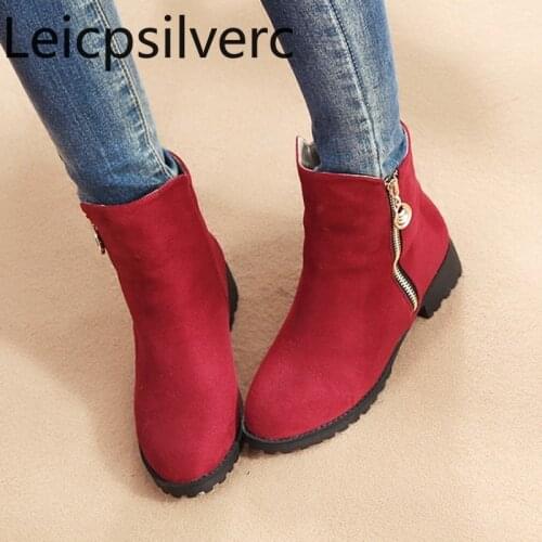 Womens Boots Autumn And Winter The New fashion Round head zipper Thick heel Low-heeled Short tube Womens shoes plus size 34-43