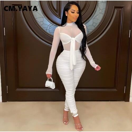 CM.YAYA Women Jumpsuit Mesh Patchwork Full Sleeve Back Zipper Full Length Stacked Pencil Strechy Jumpsuits Sexy Fashion Overalls