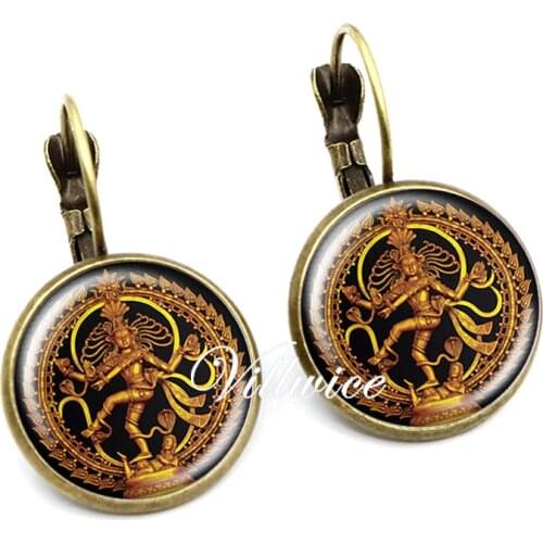 Golden Buddha Earrings Glass Dome Dance of Destruction Lord Shiva Buddhist Jewelry Hindu Deity Spiritual Amulet Gifts