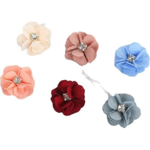 10Pcs/lot Handmade Fabric Flowers with Rhinestone Appliques Sewing Wedding Garment Accessories Flowers For Kids Headband