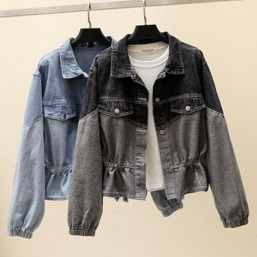 2020 New Autumn Denim Jacket For Women Splice Long Sleeve Jeans Jacket Loose Drawstring Waist Overcoat Casual Female Outwear 872