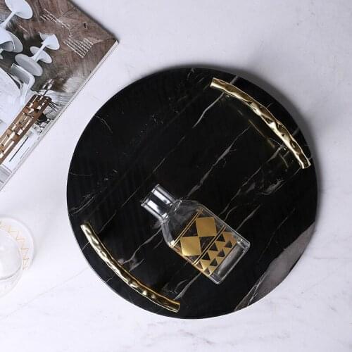 European Black Marble Round Tray Luxury Stainless Steel Handle Jewelry Plate Decorative Plate