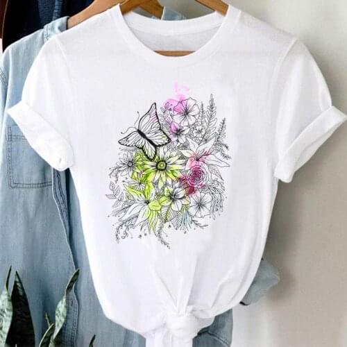 Clothes T-shirts Flower Watercolor Floral Short Sleeve Print Women Cartoon Fashion Graphic Regular Tshirt Top Lady Female Tee