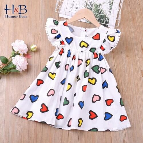 Humor Bear Girls Dress Summer New Flying-Sleeve Heart Printed Cute Princess Dress Toddler Kids Clothes for 2-6Y