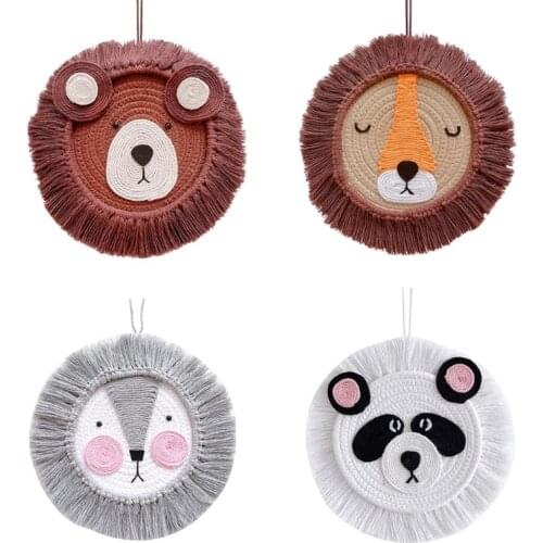 INS Nordic Hand woven Cartoon Lion Hanging Decorations Cotton Thread Weaving Animal Head Ornament Children room Wall Hanging