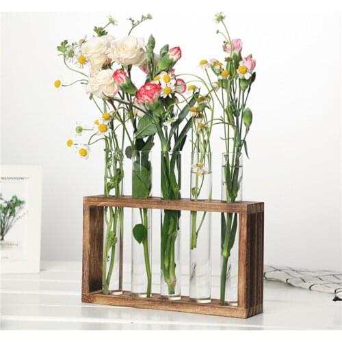 Hydroponic Plants Container with Wood Frame Clear Glass Test Tube Vase for Home Tabletop Vase Decoration